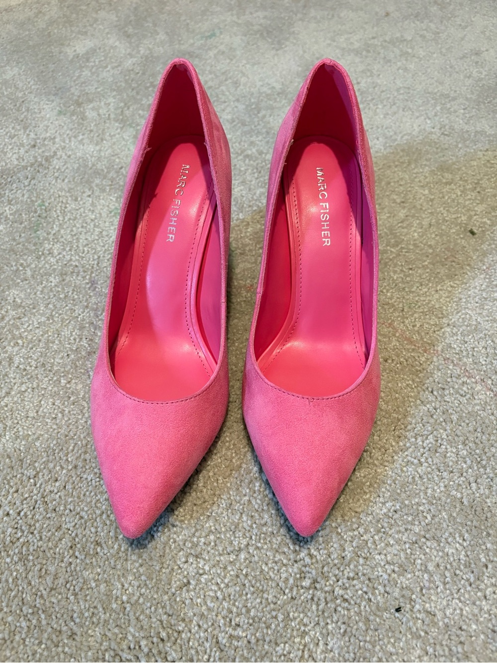 Bright pink suede Marc Fisher block heels